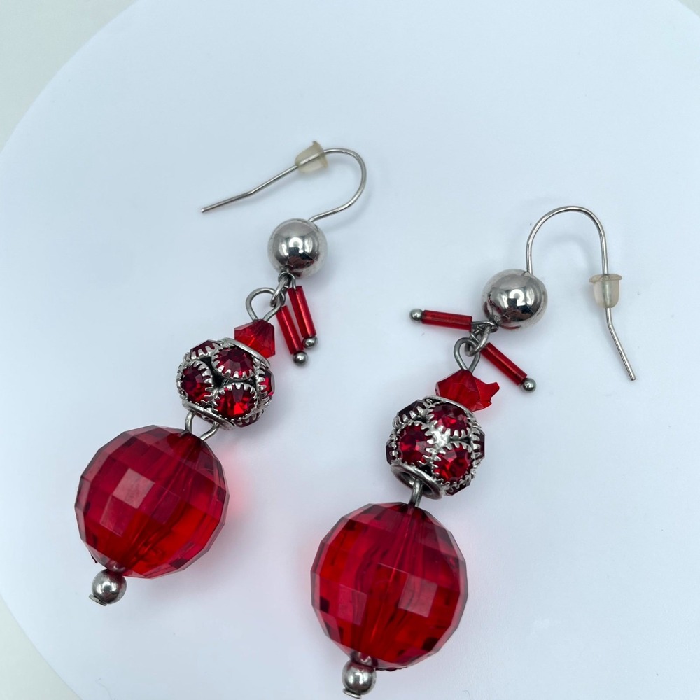 Handcrafted Silver-Tone Red Faceted Crystal Beads Dangle French Hook Earrings